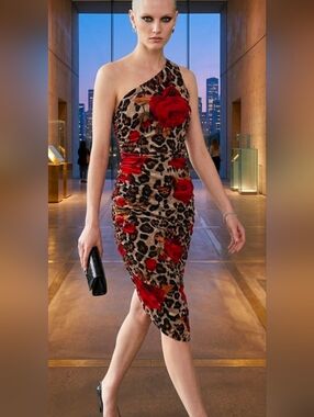 Fashion Nova One-Shoulder Leopard Print Dress with Red Rose Accents